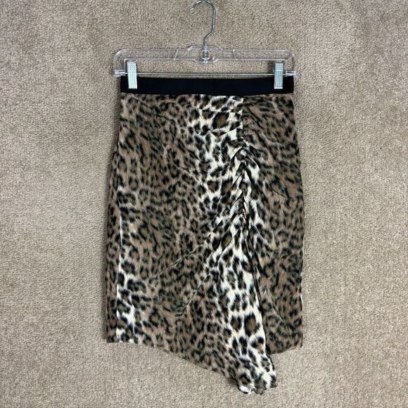Joie Ornica Silk Skirt 0 Tan Brown Leopard Print Asymmetrical Hem Draped Ruched - Picture 4 of 12
